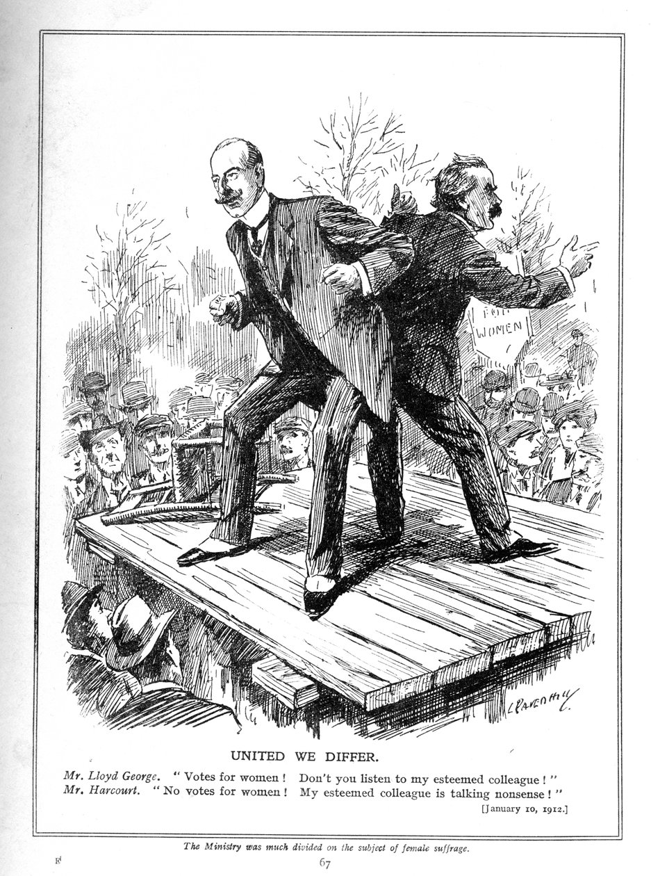 Lloyd George and Harcourt, both ministers in the Liberal Government, disagree about giving votes to women, 1910  by Leonard Raven Hill