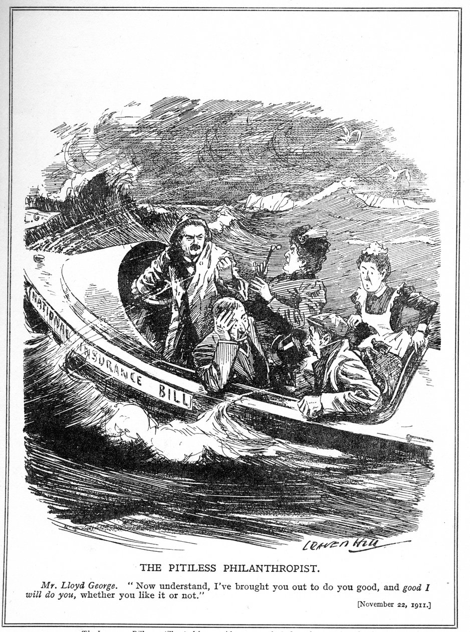 Bir cankurtaran denizcisi olarak tasvir edilen Lloyd George, 1911 tarihli Ulusal Sigorta Yasasına muhalefetle karşı karşıya. by Leonard Raven Hill