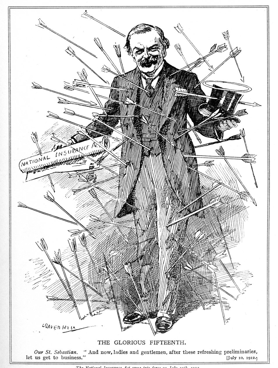 Şehit Aziz Sebastian olarak tasvir edilen Lloyd George, 15 Temmuz 1912 Sigorta Yasası, 1911