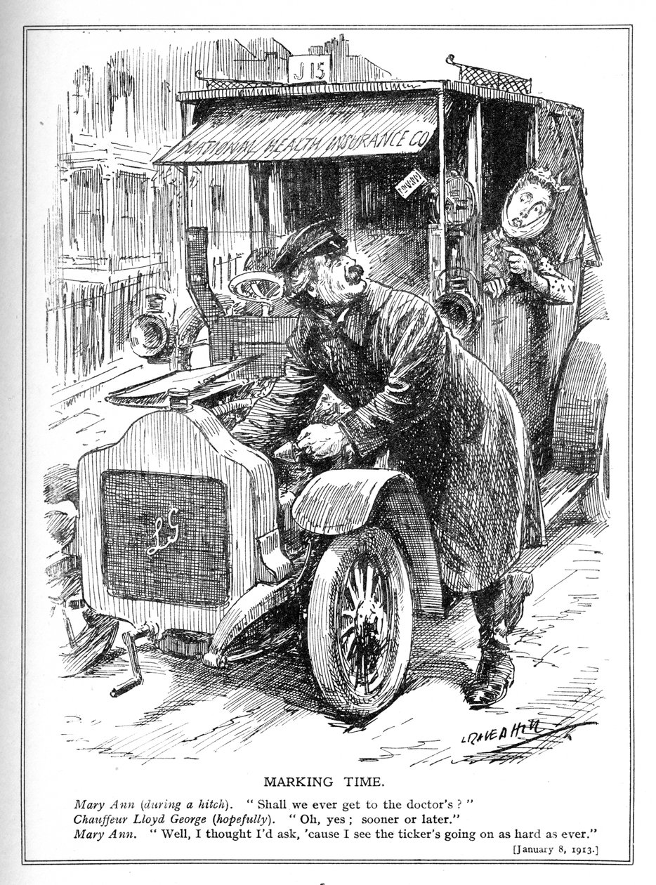 Lloyd George, 1913 tarihli Ulusal Sağlık Sigortası Yasası uyarınca bir hastayı doktora götürmeyi geciktiriyor by Leonard Raven Hill