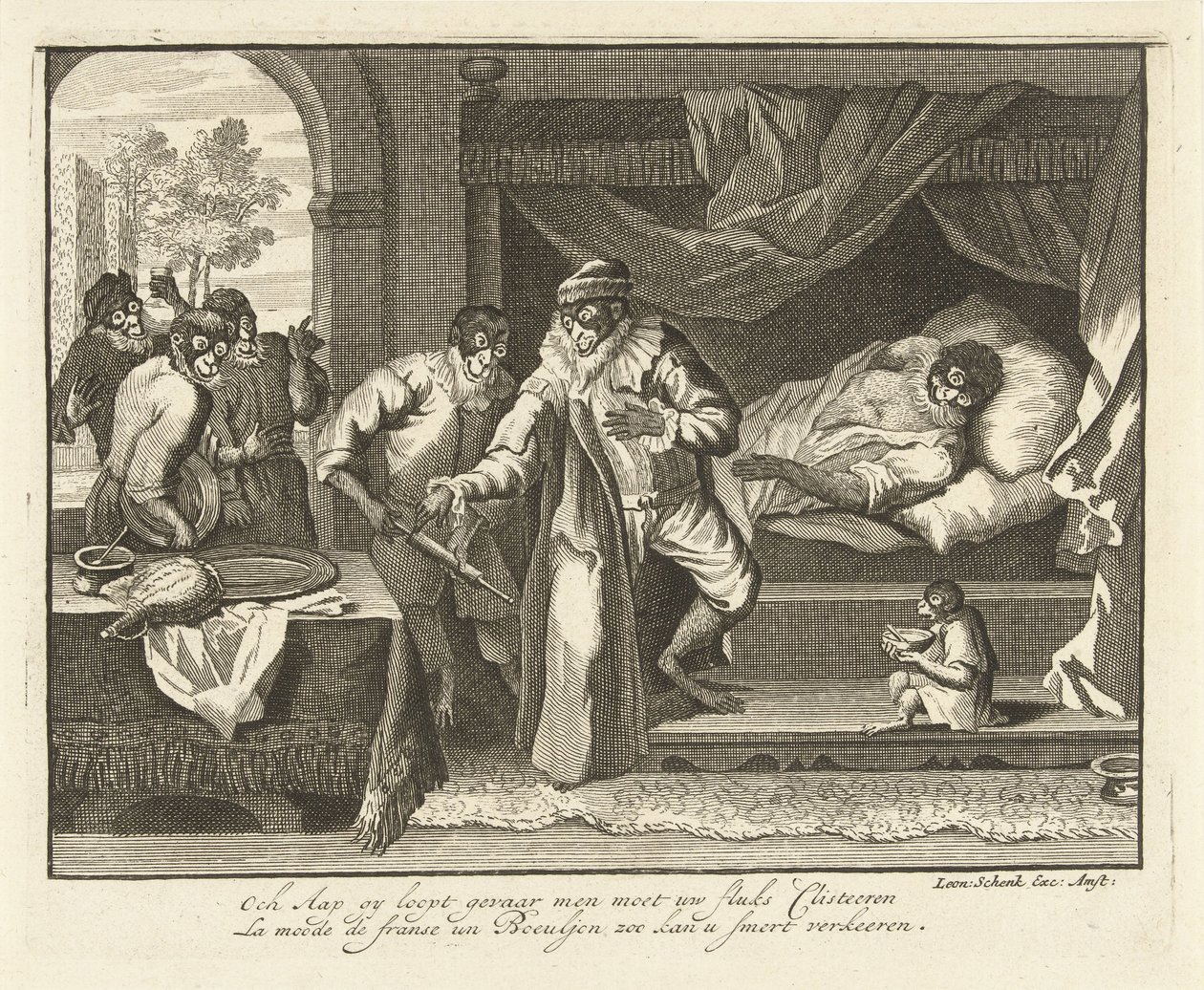 Maymun hasta yatağında Dünyada Maymun oyunu (dizi başlığı) 't Aapenspel in de Werelt (dizi başlığı) by Leonard Schenk (possibly)