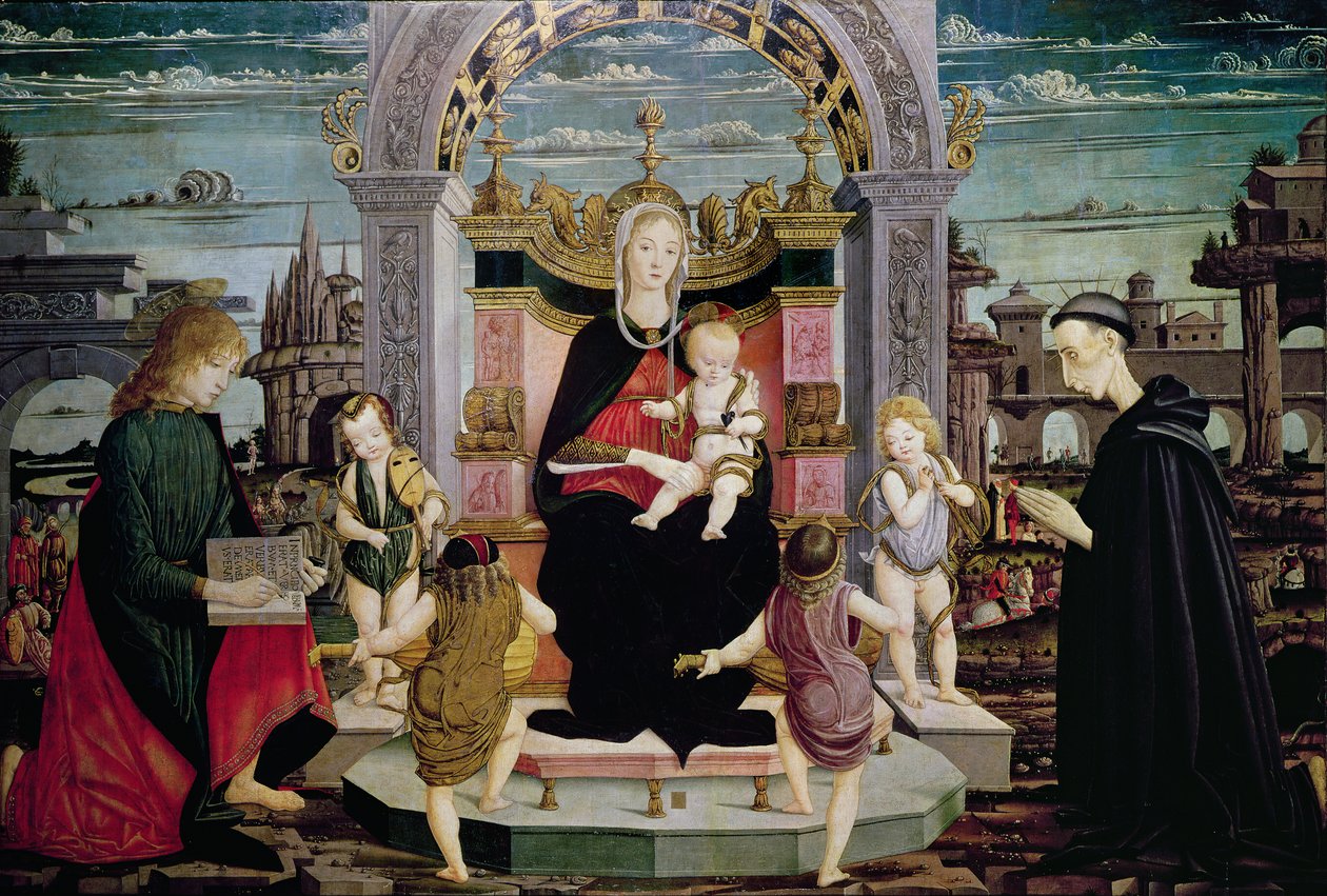 Evangelist Aziz John ve Kutsanmış Giacomo Bertoni ile Enthroned Bakire ve Çocuk by Leonardo I Scaletti