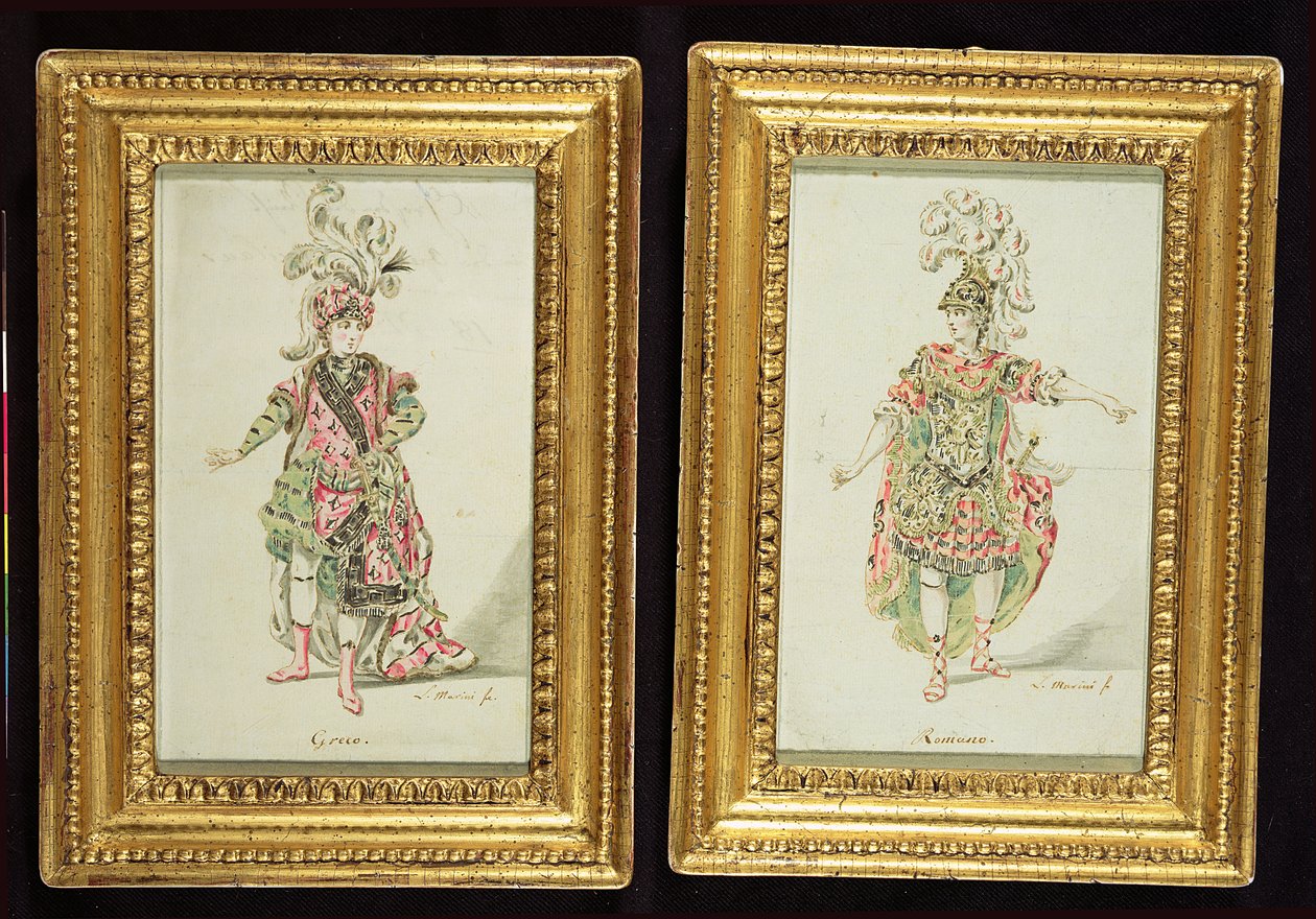Bir Yunan ve Roma Opera Kostümü için tasarımlar, c.1770 (kağıt üzerinde wc ile kalem ve mürekkep) by Leonardo Marini