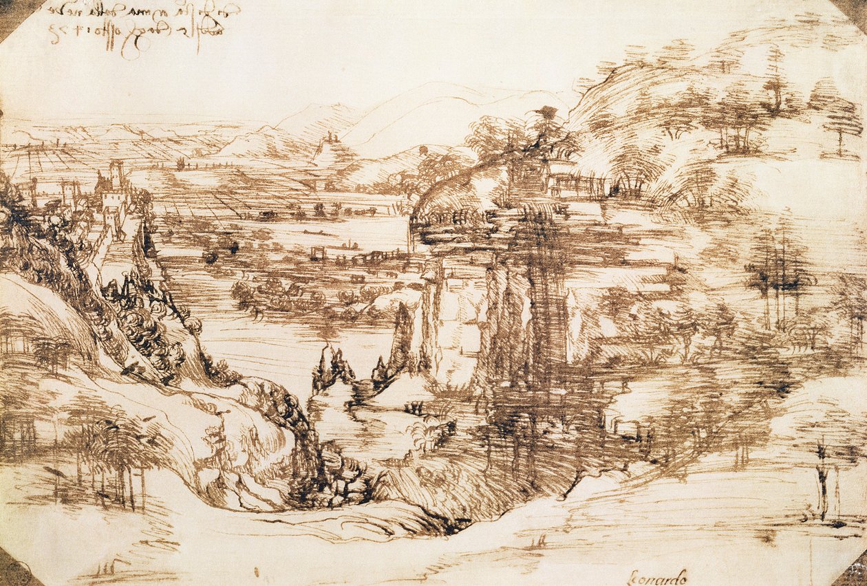 Arno Manzarası, 5 Ağustos 1473 (kağıt üzerine kalem ve mürekkep) by Leonardo da Vinci