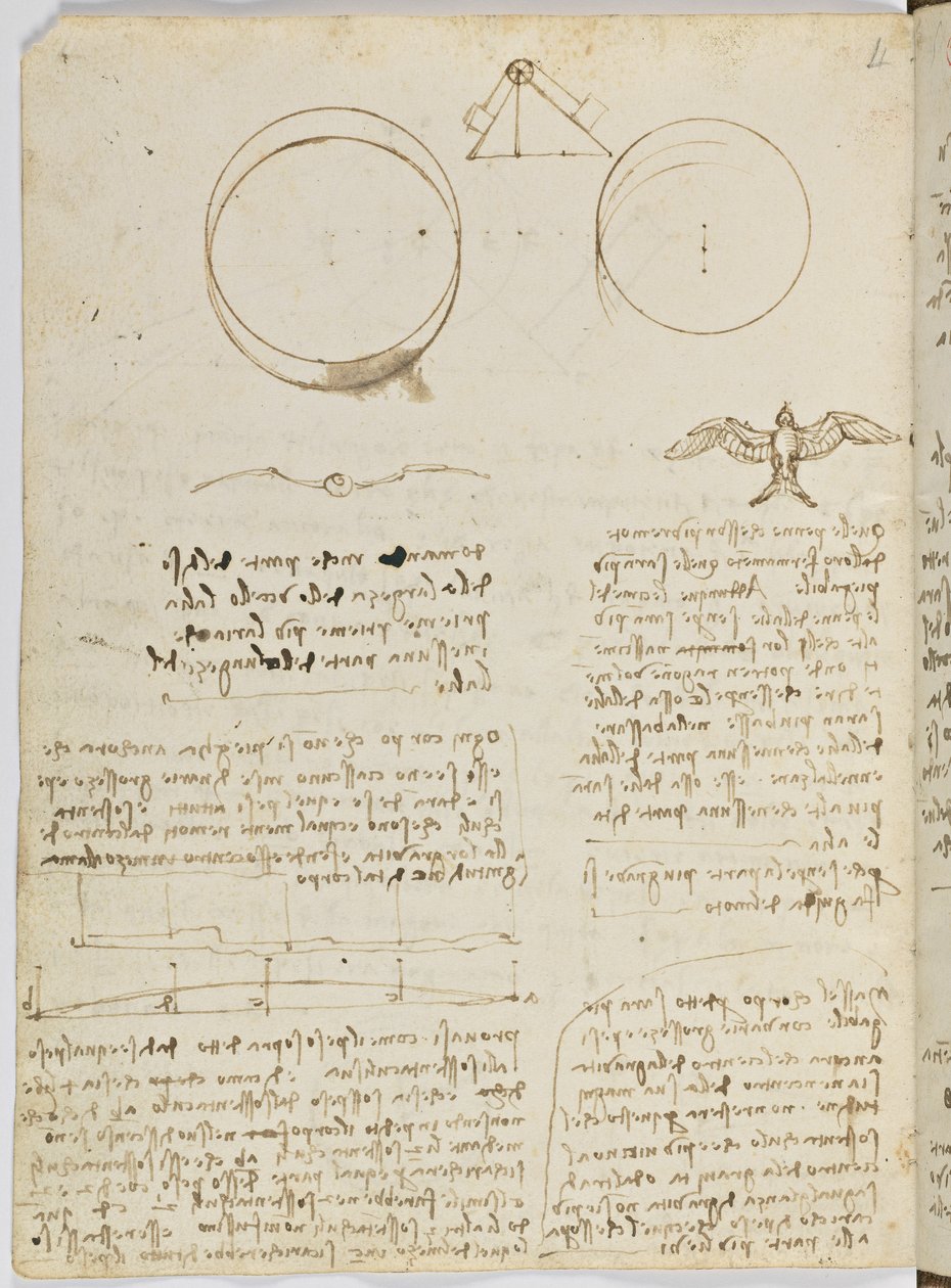 Kuşlar Uçuş Kodu, c. 1505-06, kağıt el yazması, cc. 18, sayfa 4 tersi by Leonardo da Vinci
