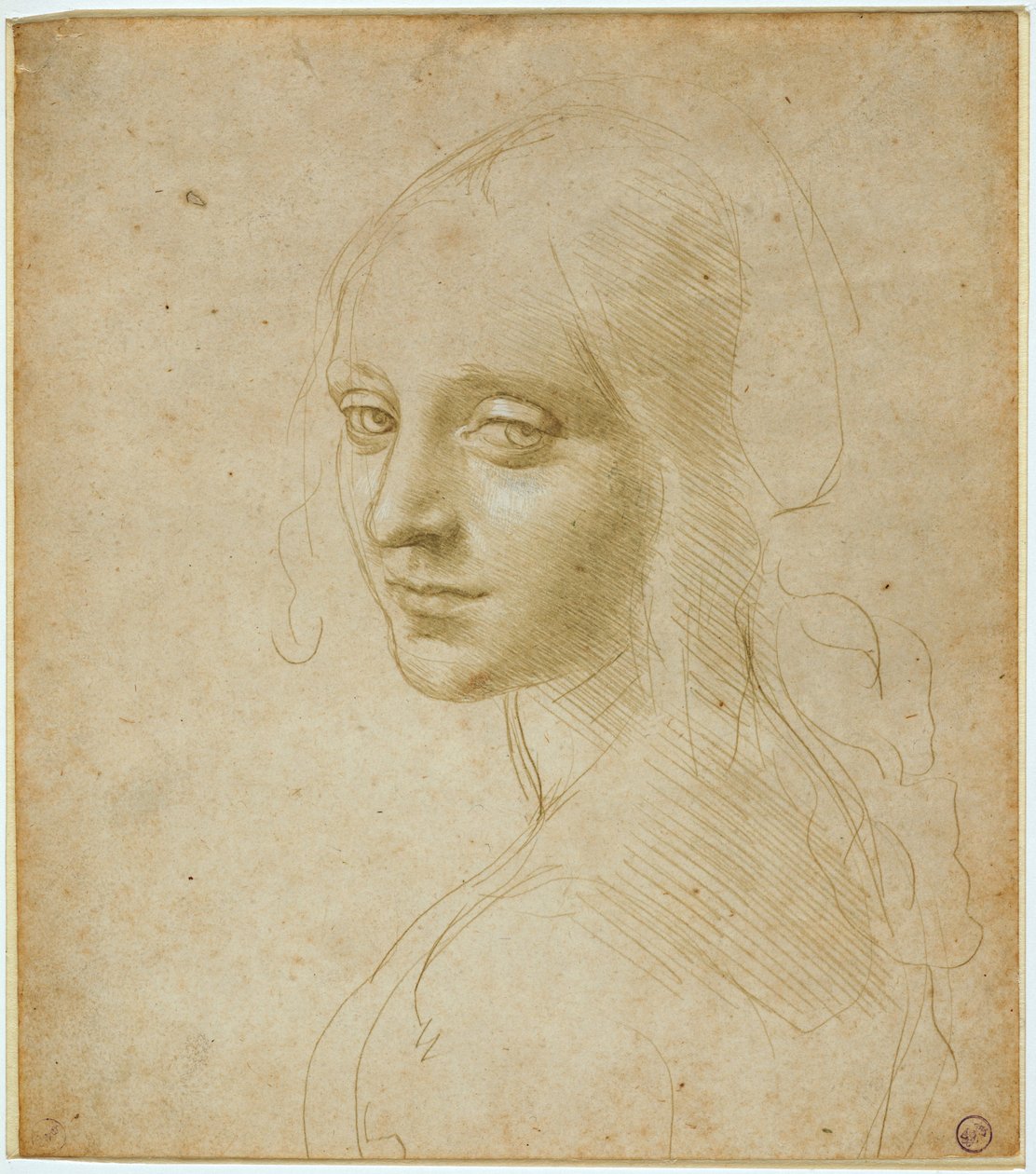 Bir bakire büstü, “Kayaların Bakiresi” için çalışma, c. 1483-1485 (hazırlanmış kağıt açık hardal üzerine metal uç ve beyaz lake) by Leonardo da Vinci