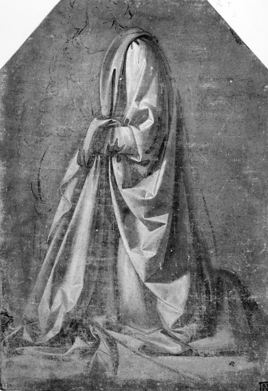 Drapery study for a kneeling figure seen in three-quarter profile to the left, c.1475 (tempera with white heightening on canvas) by Leonardo da Vinci