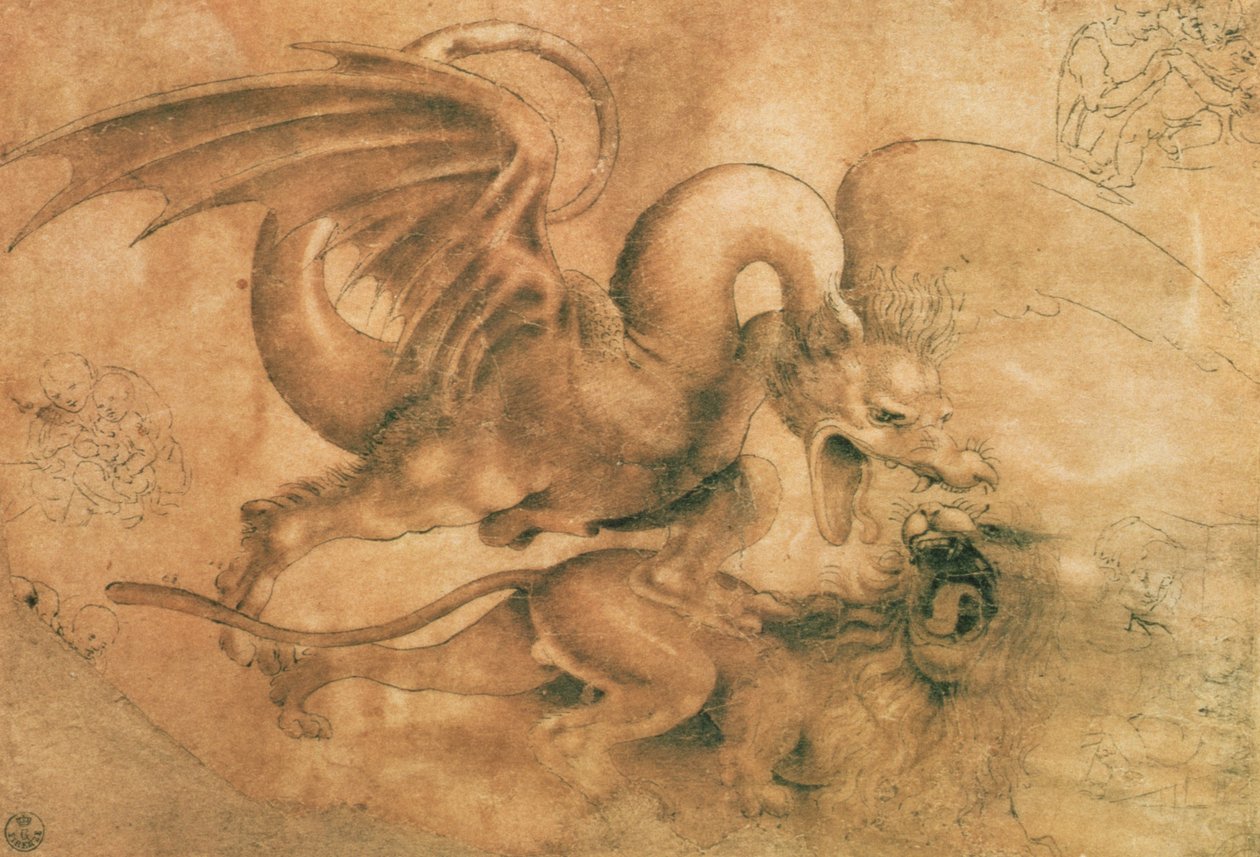 Ejderha ve Aslan arasındaki savaş (kağıt üzerinde yıkanmış kahverengi mürekkep) by Leonardo da Vinci