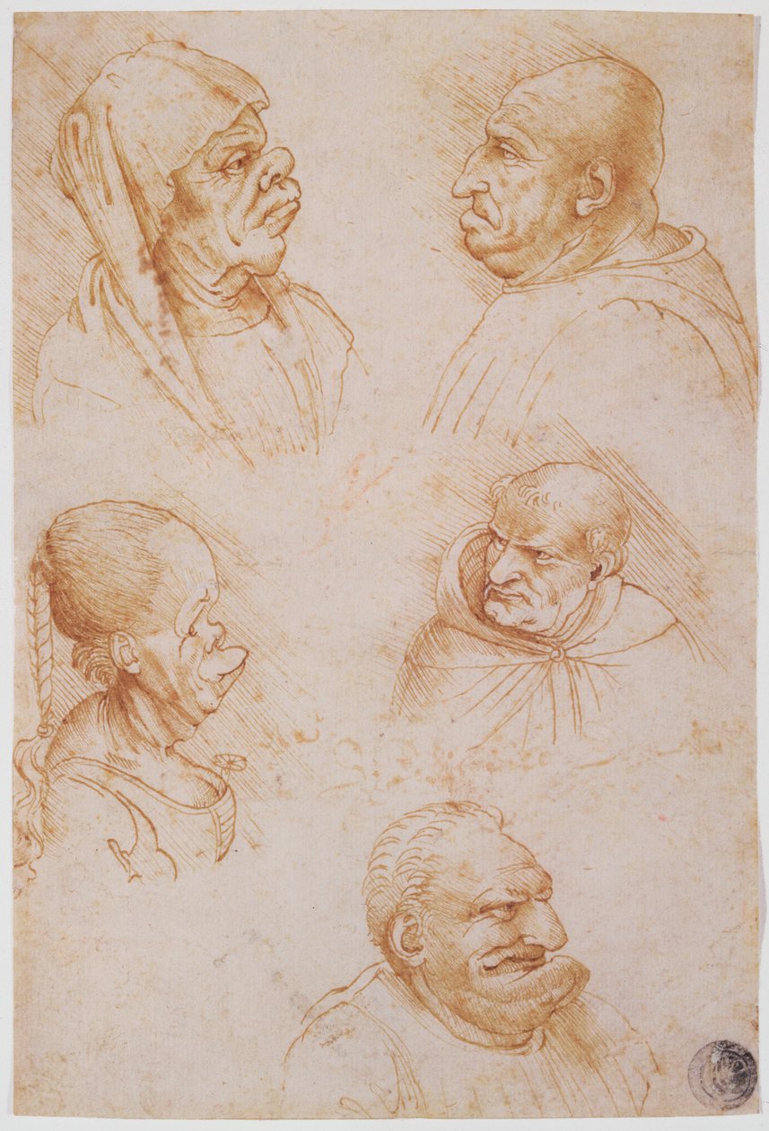 Grotesk Yüzlerin Beş Çalışması (kağıt üzerinde kırmızı tebeşir) by Leonardo da Vinci