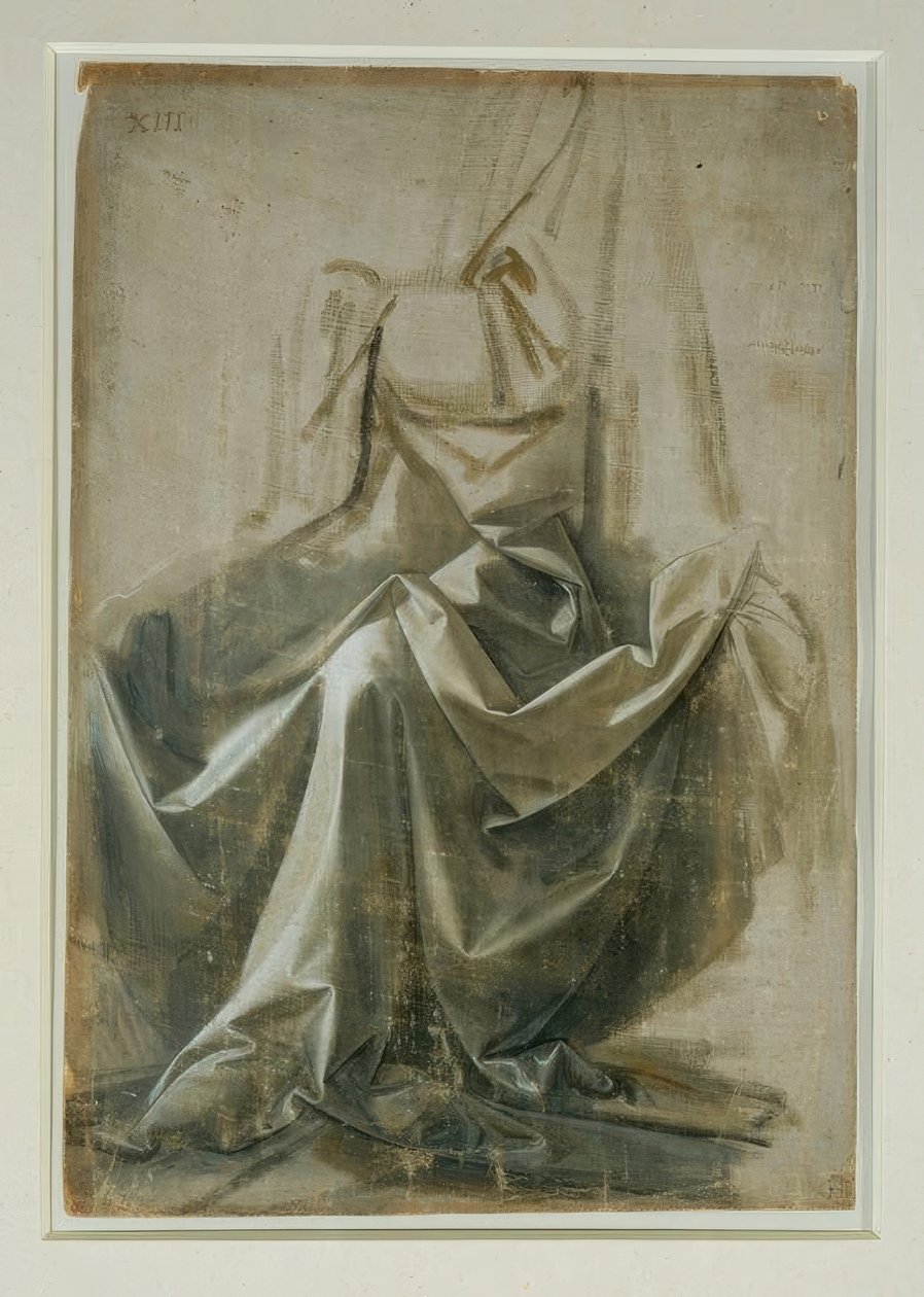 Oturan bir figürün elbise çalışması by Leonardo da Vinci
