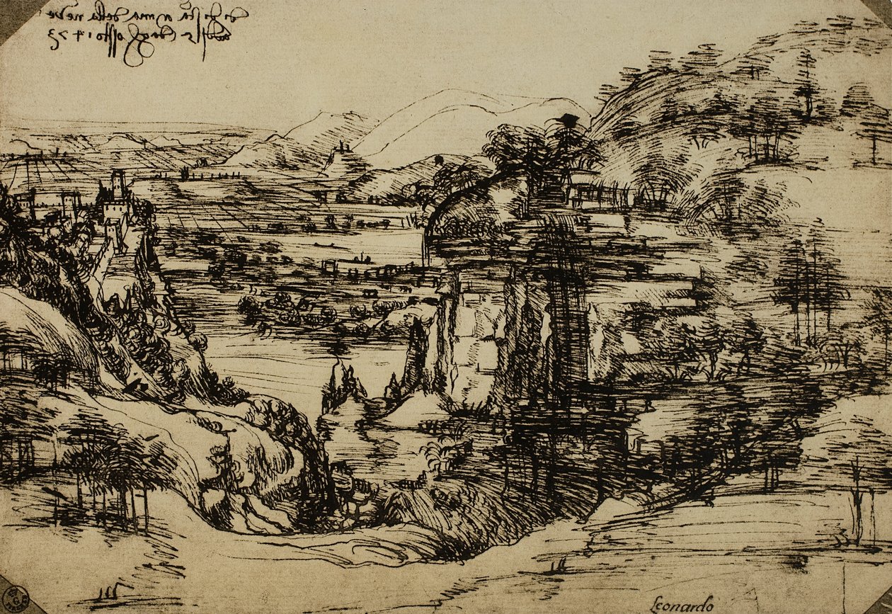 Arno Vadisi Manzarası, kağıt üzerine kalem, Leonardo da Vinci (1452-1519), Çizimler ve Baskılar Kabini, Uffizi Galerisi, Floransa by Leonardo da Vinci