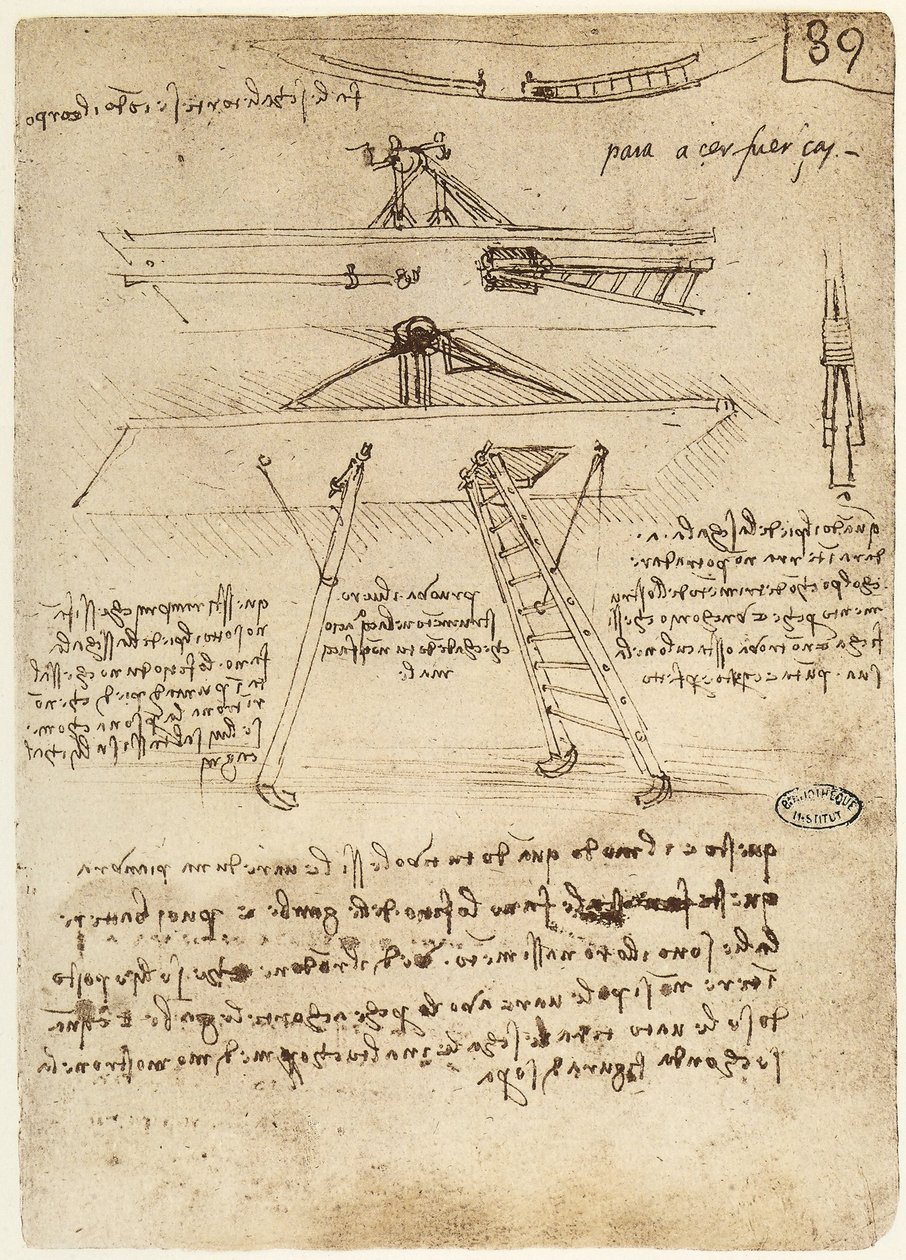 Ms B fol.89r Uçan bir makine için kalkış ve iniş takımı, 1487-90 by Leonardo da Vinci
