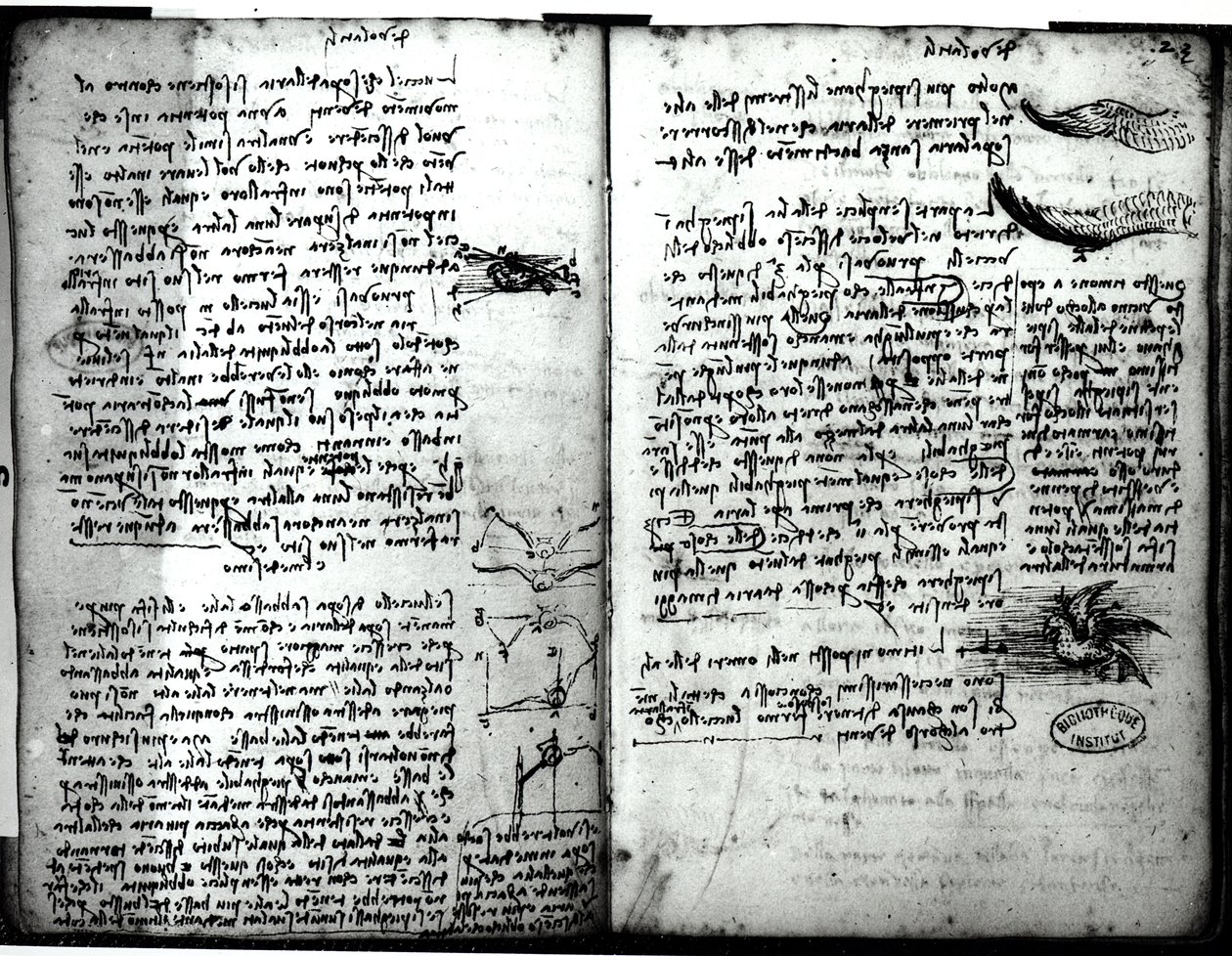 Paris El Yazması E, fol. 22v ve 23r: Kuşların uçuşunun taslağı, 1513-14 by Leonardo da Vinci