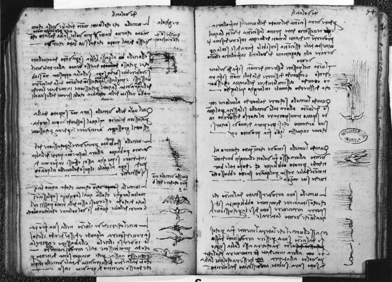 Paris El Yazması E, fol. 53v ve 54r: Kuşların uçuşunu gösteren eskiz, 1513-14 (kağıt üzerinde kalem ve mürekkep) by Leonardo da Vinci