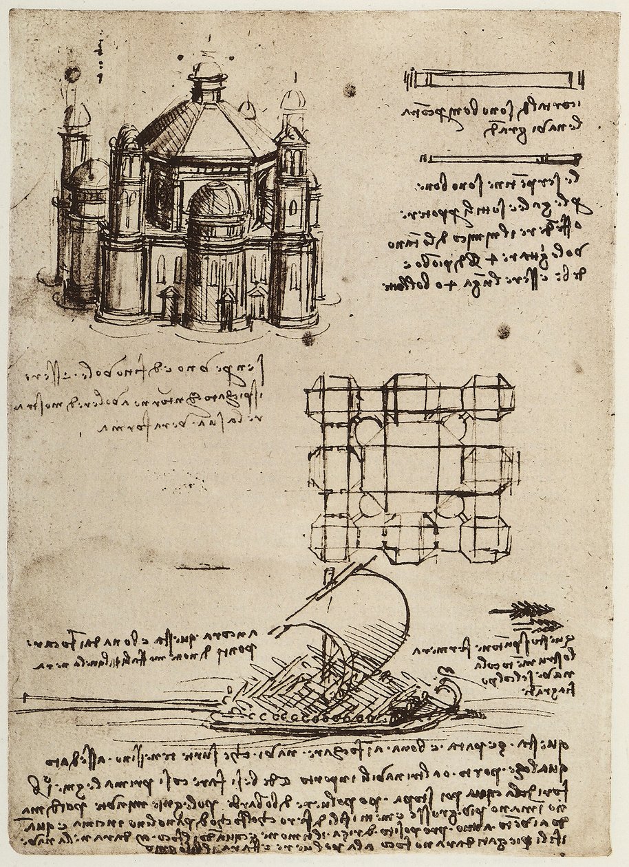 Merkezi bir eksen üzerine inşa edilmiş bir kilise ve Leonardo da Vinci tarafından çizilmiş, kürek ve yelkenli bir tekne, Codex B