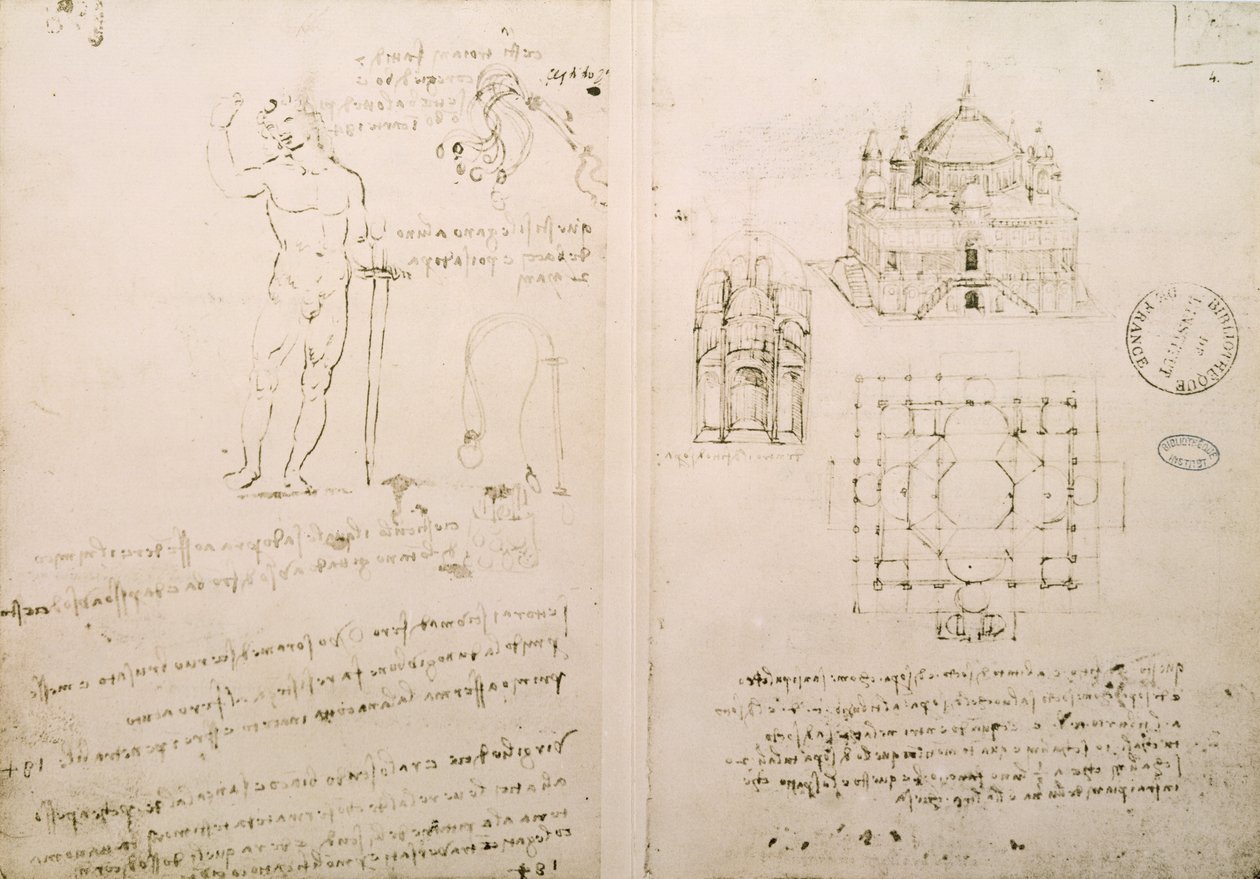 Milano'daki St. Sepolcro'ya benzer bir kilisenin taslağı, fol. Codex Ashburnham I ve II'den 4r (önceden Ms B (2184) ve Ms A'nın bir parçası), c.1492 by Leonardo da Vinci