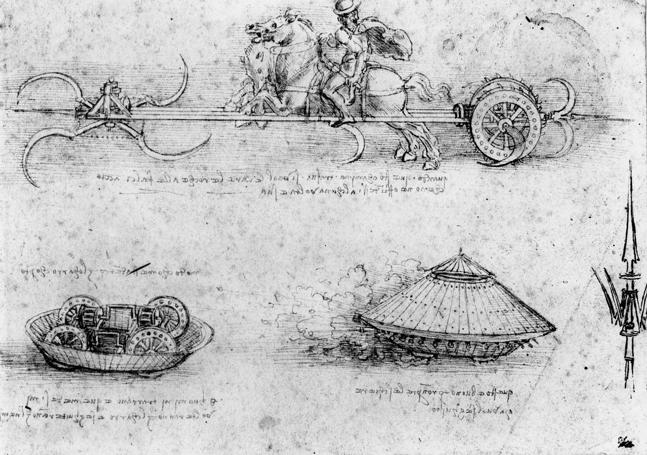 Askeri tank benzeri makinelerin incelenmesi; üstte, dönen tırpanlarla bir mekanizma çeken atlar dahil, c.1485 (kağıt üzerinde kalem ve mürekkep ve kahverengi yıkama) by Leonardo da Vinci