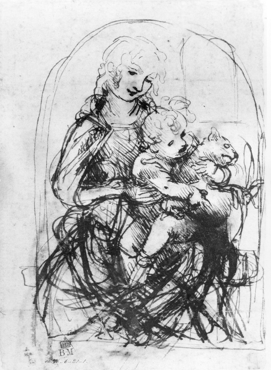Kedili Madonna Çalışması, c.1478-80 (kağıt üzerinde kalem ve mürekkep kalemi üzerine çizim) by Leonardo da Vinci