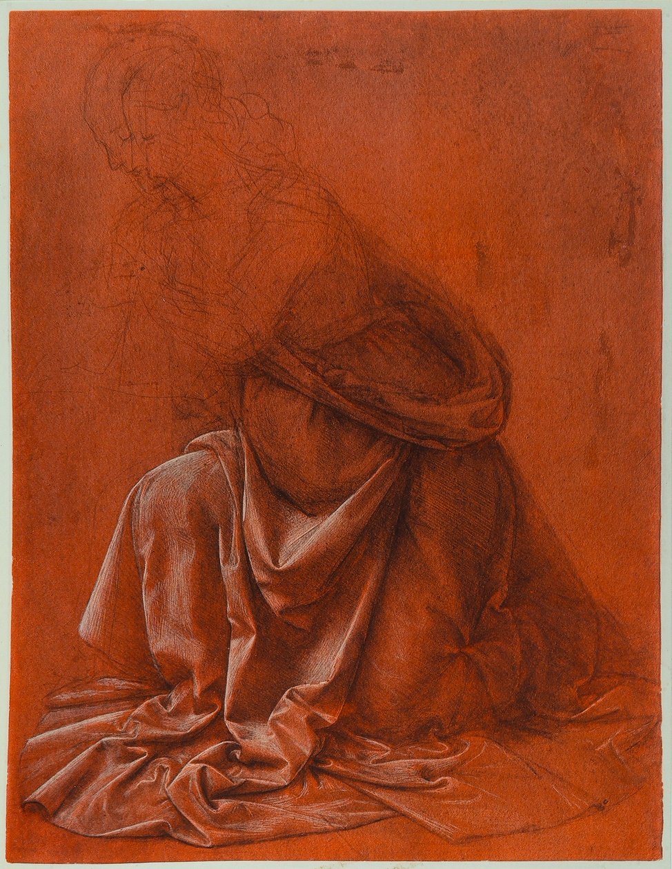 Bir kadın figürünün elbisesinin kıvrımlarını inceleyin; Leonardo da Vinci tarafından kırmızı kağıt üzerine beyazla yükseltilmiş gümüş nokta ve yıkama çizimi. Galleria Nazionale dArte Antica, Palazzo Corsini, Roma by Leonardo da Vinci
