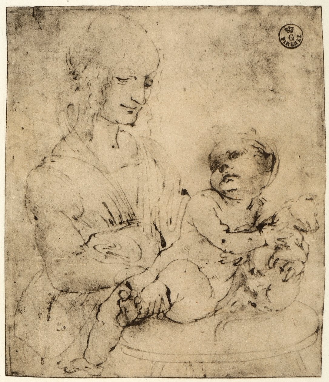 Bir Madonna ve Çocuğun Çalışması (kağıt üzerine siyah mürekkep) by Leonardo da Vinci