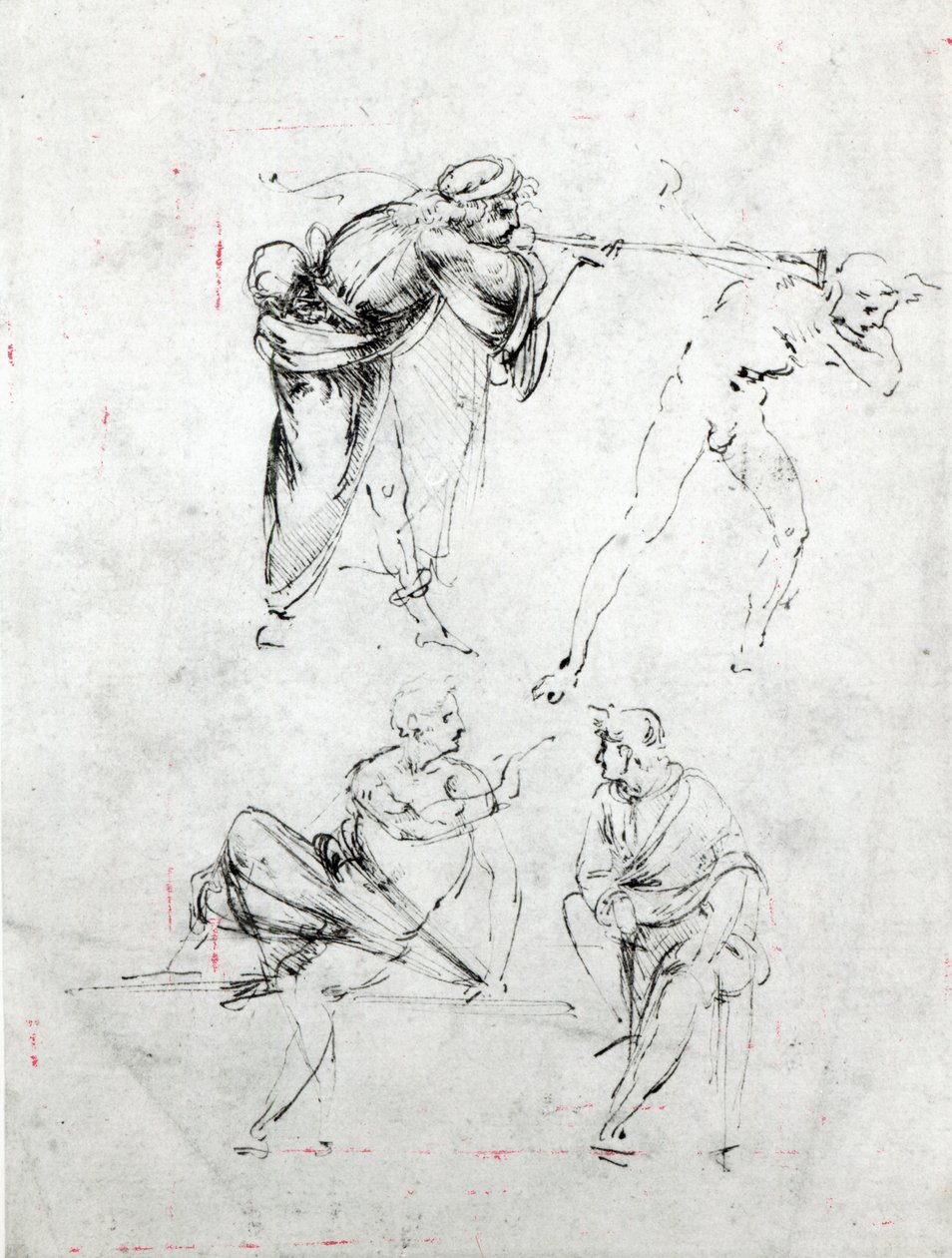 Başka birinin kulağına trompet üfleyen bir adam ve konuşmadaki iki figürün incelenmesi, c.1480-82 (kağıt üzerine kalem ve mürekkep) by Leonardo da Vinci