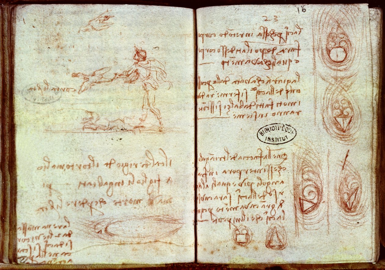 Bir Adam ve iki Kuş, Ms 7 (kağıt üzerinde kahverengi tebeşir) çizimi ile değişen formların farklı Aerodinamik niteliklerinin incelenmesi by Leonardo da Vinci