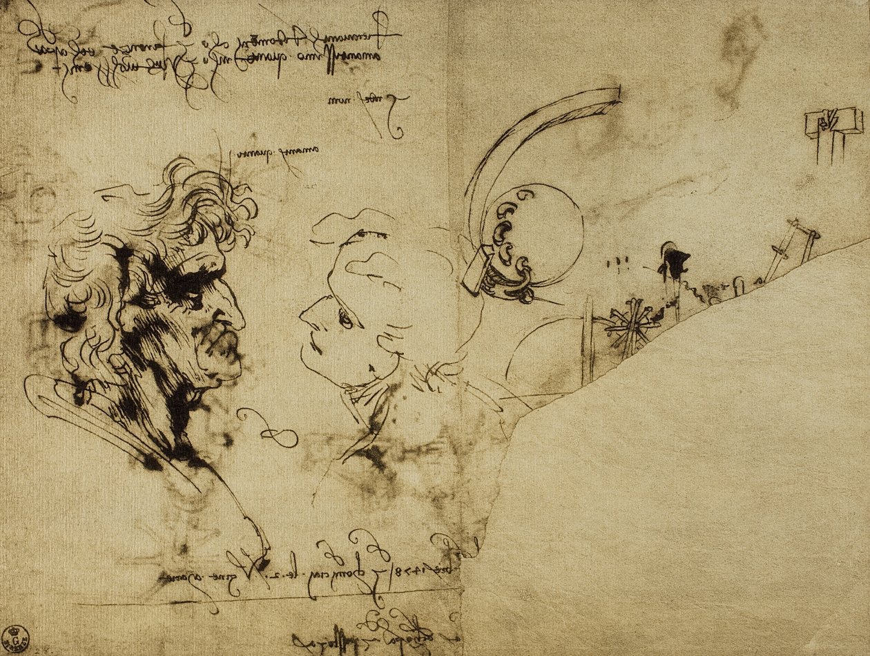 Çeşitli figürlerin ve yaşlı adamın kafasının incelenmesi; Leonardo da Vinci