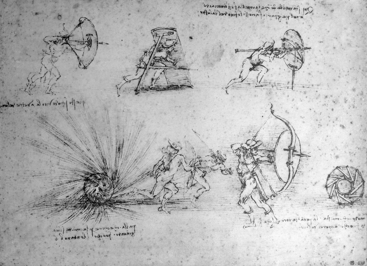 Piyade Kalkanları ve Patlayan Bomba ile Çalışma, c.1485-88 (kağıt üzerinde kalem ve mürekkep) by Leonardo da Vinci
