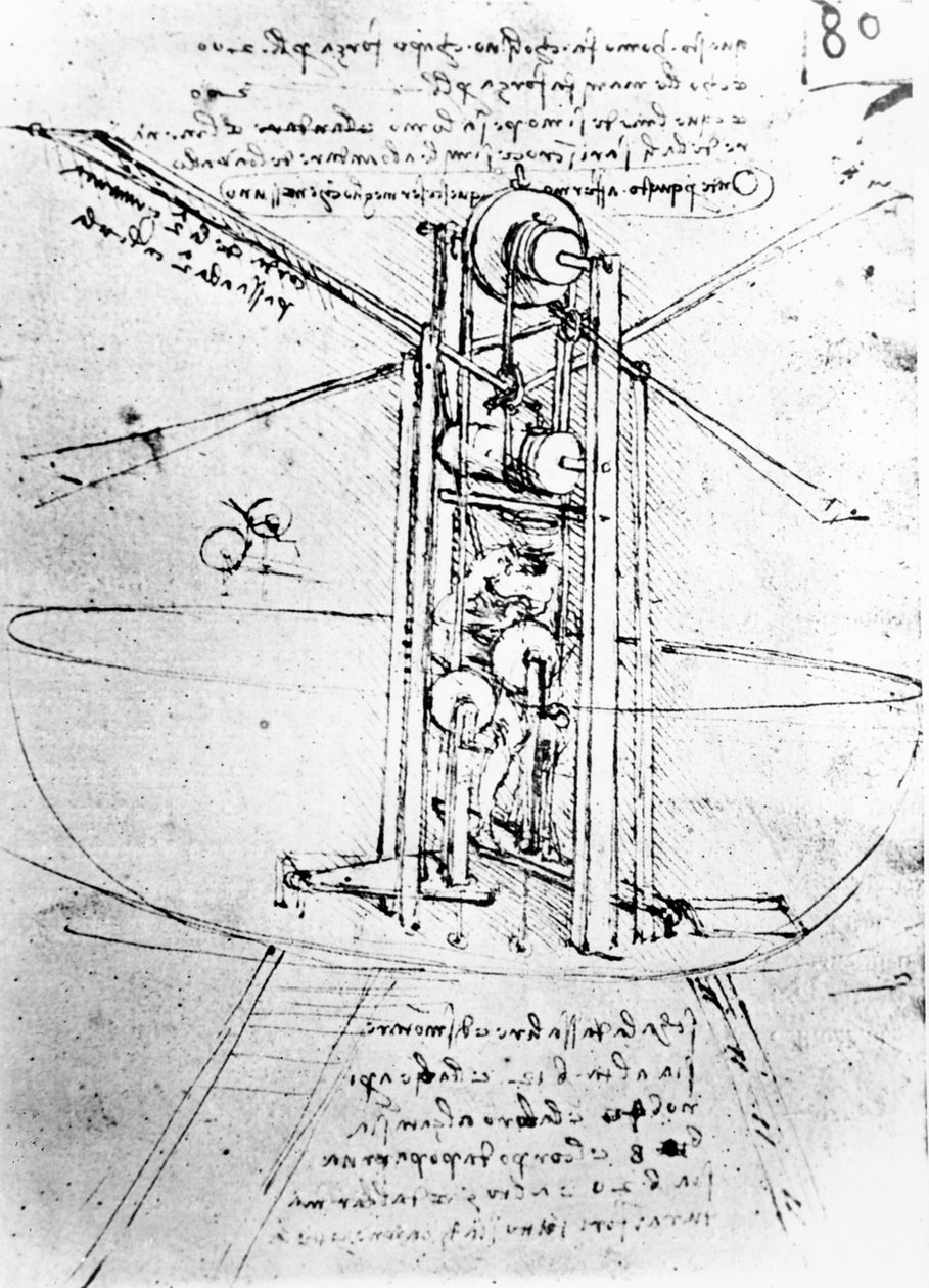 Dikey duran kuş kanatlı uçan makine, fol. 80r, Paris El Yazması B, 1488-90 (kağıt üzerine kalem ve mürekkep) by Leonardo da Vinci