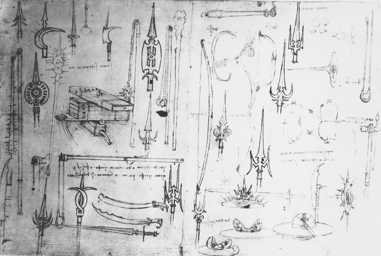 ಆಯುಧಗಳು ಮತ್ತು ಗುರಾಣಿಗಳು, c.1487-88 (ಕಾಗದದ ಮೇಲೆ ಪೆನ್ ಮತ್ತು ಶಾಯಿಯೊಂದಿಗೆ ಲೋಹದ ಬಿಂದು) ಟರ್ಕಿ by Leonardo da Vinci