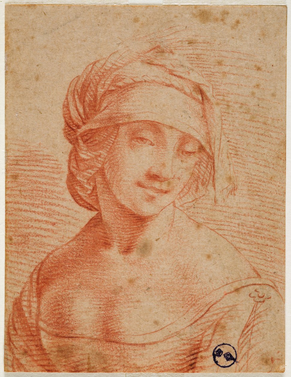 16. yüzyılın ilk yarısında şapkalı genç bir kadın büstü (kağıt üzerinde kan) by Leonardo da follower of Vinci