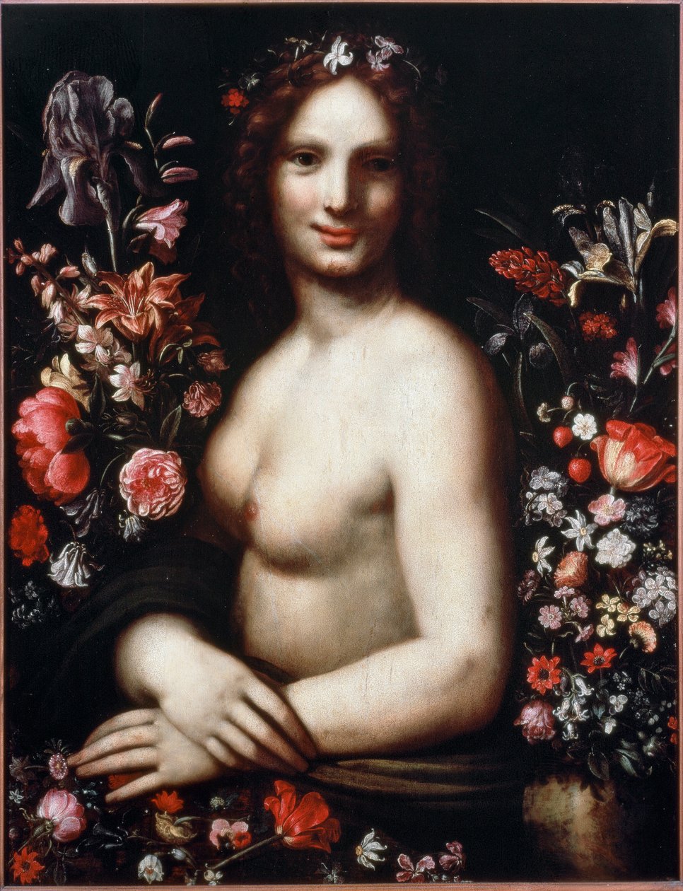 Çiçekler arasında Flora (Flora) adlı genç bir kadının büstü Modeli Mona Lisa (Mona veya Monna Lisa) olacaktır Leonardo da Vinci