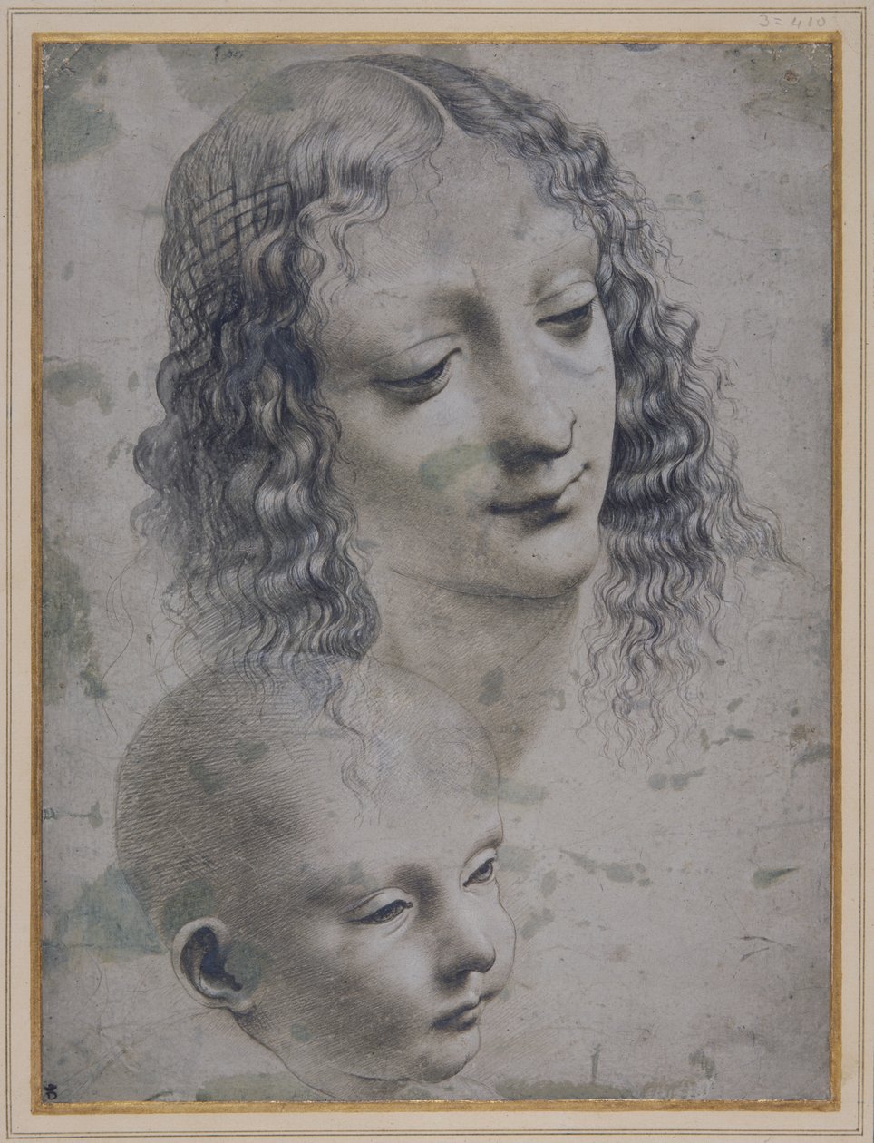 Bir kadının başı ve bir bebeğin başı (gri hazırlanmış kağıt üzerinde metal nokta) by Leonardo da (follower of) Vinci