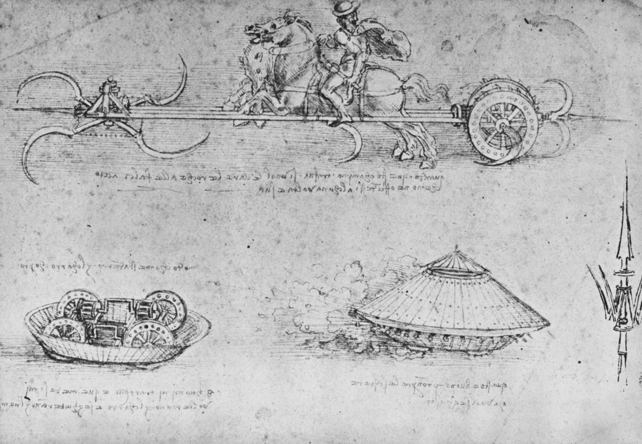 Tırpan Silahlı Bir Araba, Bir Tür Tankın İki Çizimi ve Bir Partizan, c1480 1945 by Leonardo da Vinci