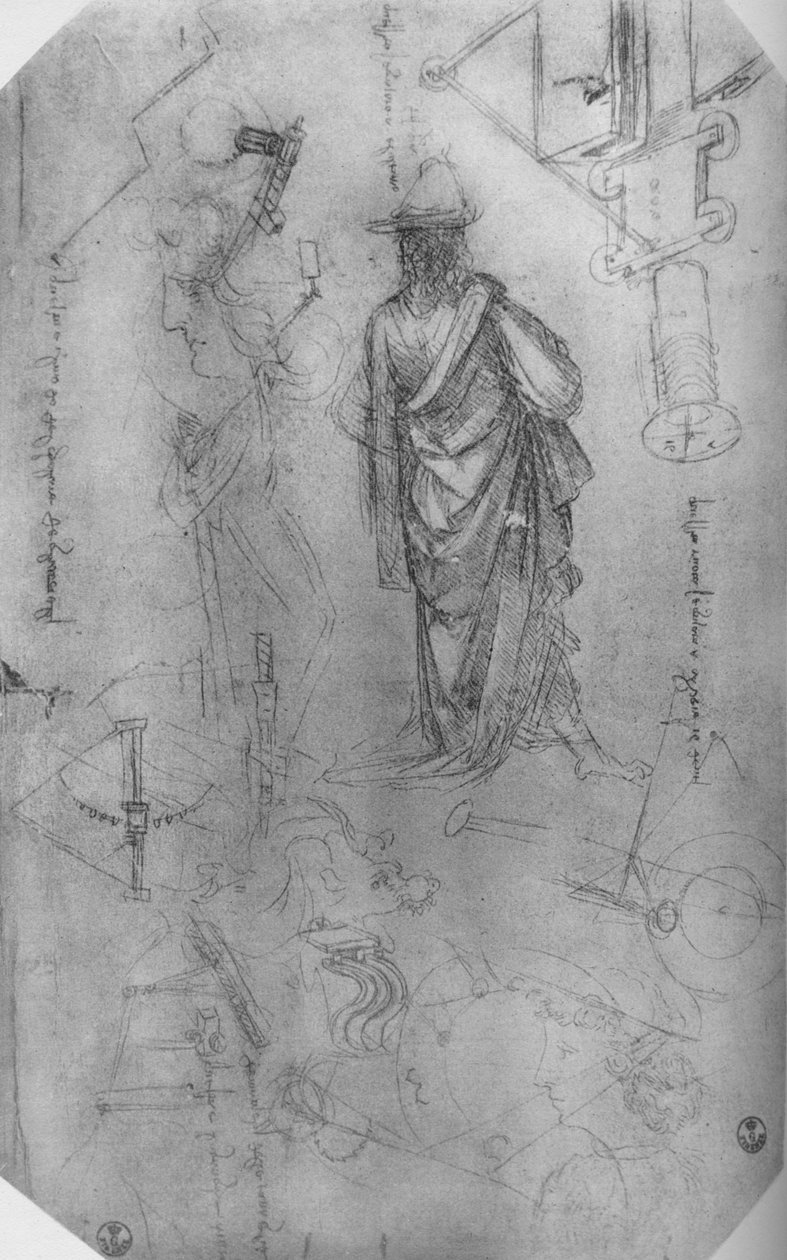 Dökümlü Bir Figür, Makine Çalışmaları Vb., c1480 1945 by Leonardo da Vinci