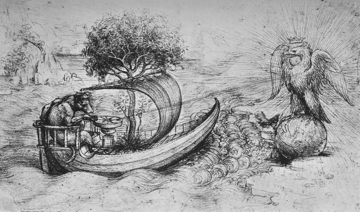 Alegori: Bir Küre Üzerinde Duran Taçlı Bir Kartal ve Bir Tekneyi Yönlendiren Bir Kurt, c1480 1945 by Leonardo da Vinci