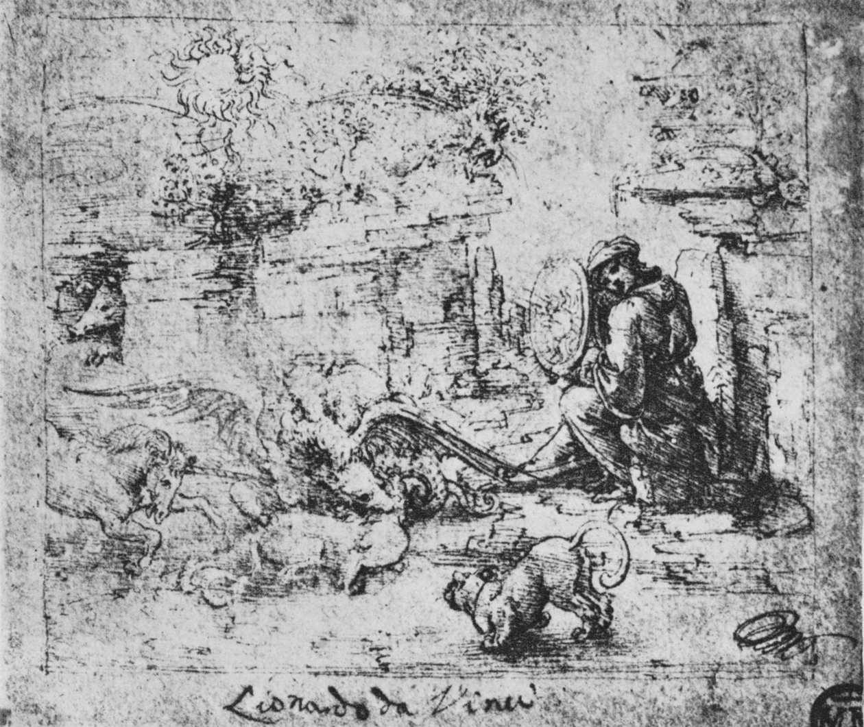 Alegori: Dövüşen Hayvanlar ve Yanan Camlı Bir Adam, c1480 1945 by Leonardo da Vinci