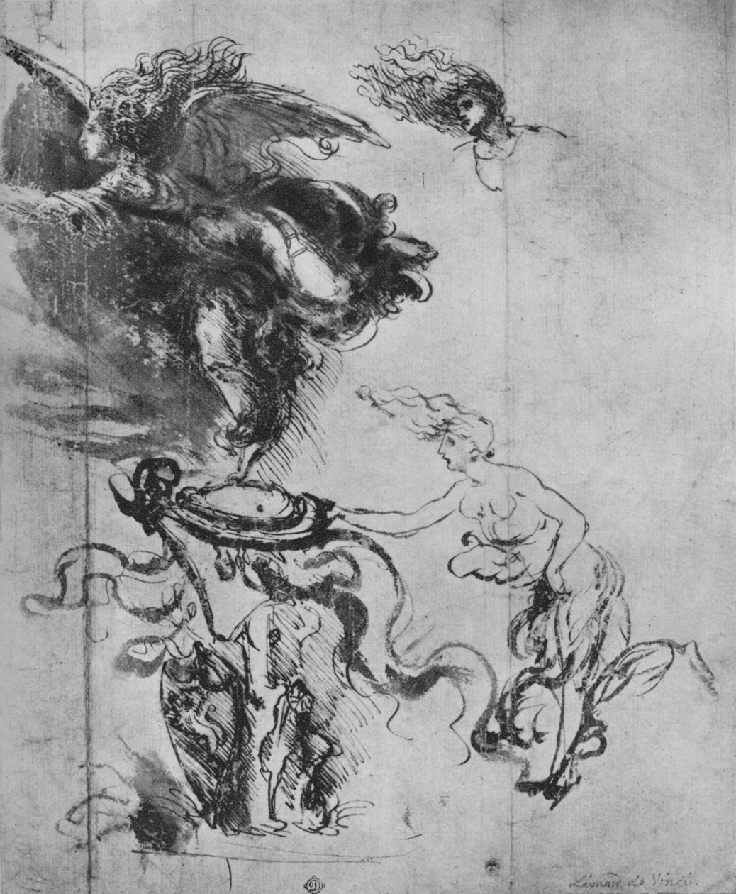 Bir Kupa Üzerine Kalkan Yerleştiren Bir Melek ve Meleğin Ayrı Çalışmaları, c1480 1945 by Leonardo da Vinci