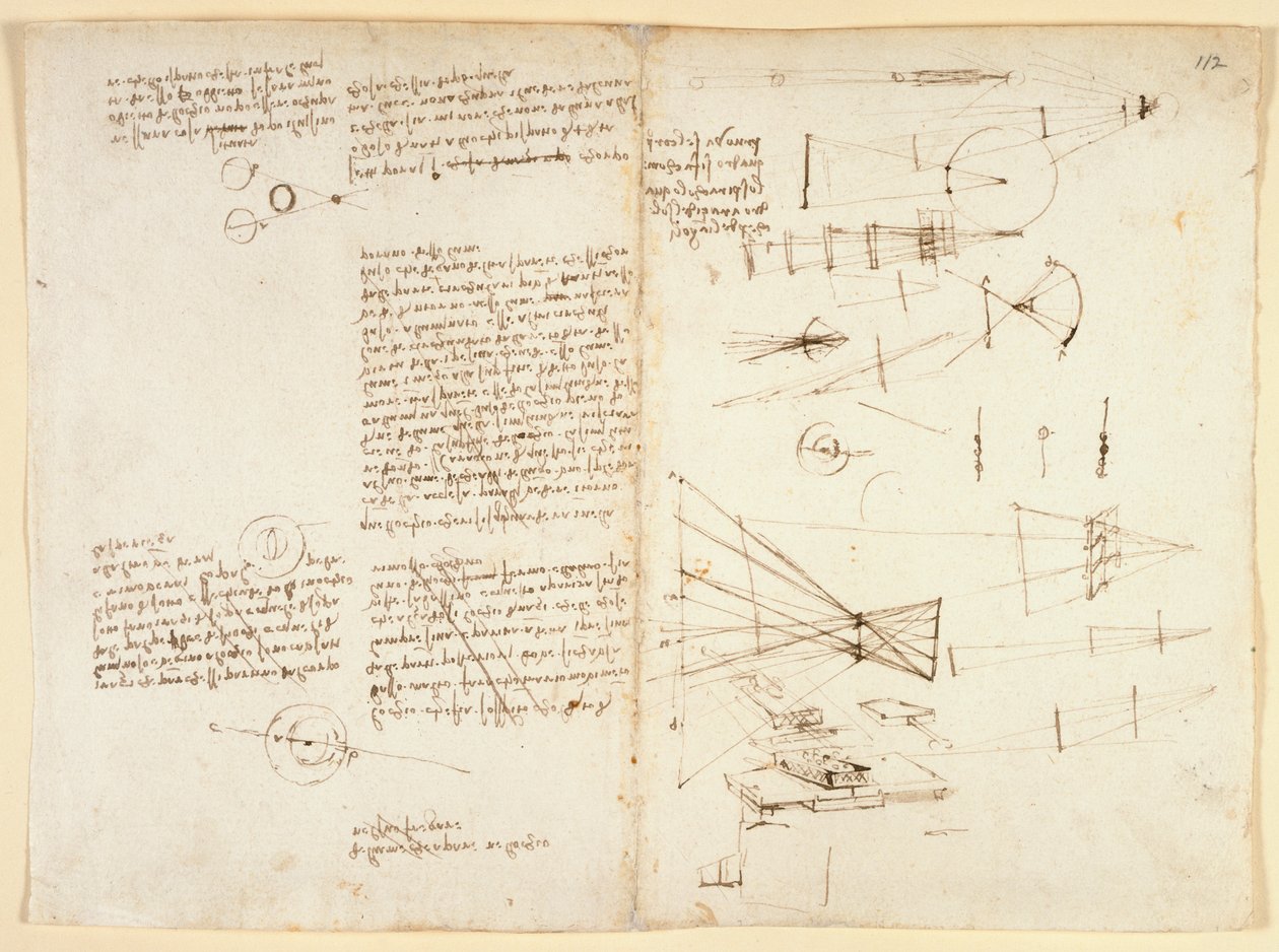 Arundel 263 f.115v, f.112 Gözün özellikleri üzerine notlar, çizimler ve bir diyagram, c.1490 (kağıt üzerinde kalem ve mürekkep) by Leonardo da Vinci