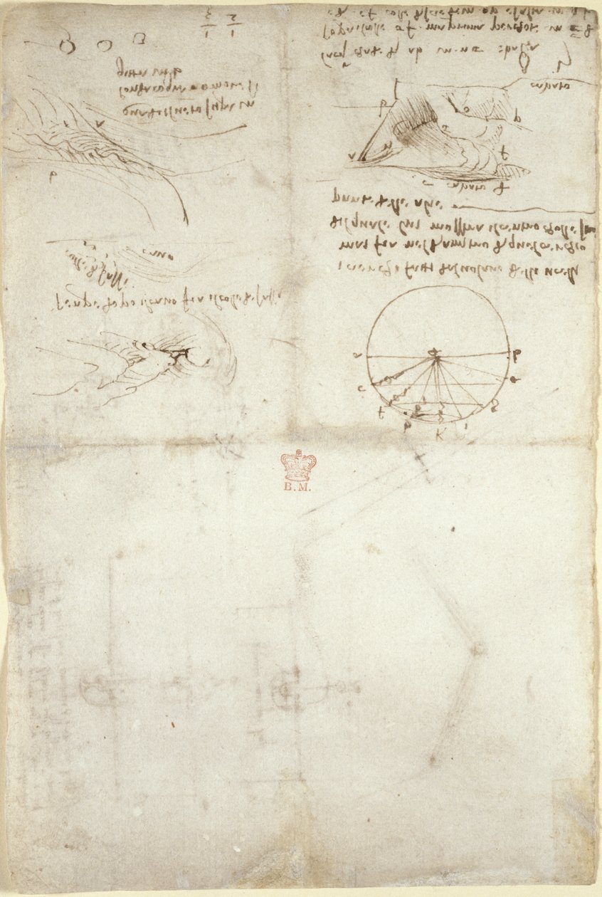 Arundel 263, f.126v Su üzerine üç not ve eskiz; kuşların uçuşuyla ilgili bir diyagram, c.1500-5 (kağıt üzerinde kalem ve mürekkep) by Leonardo da Vinci