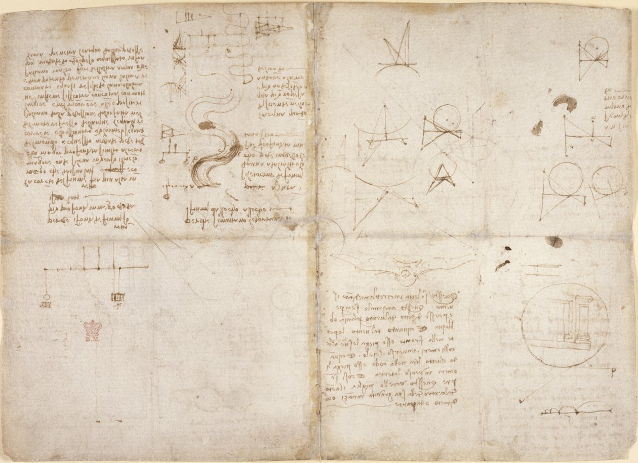Arundel 263, f.135v, f.134, Mekanik üzerine notlar ve diyagramlar; 