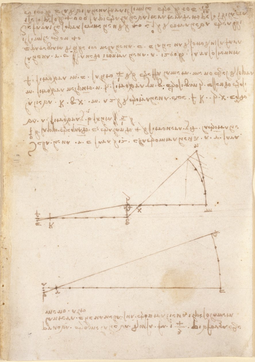 Arundel 263, f.214 Çeşitli aritmetik ve geometrik önermelerle (kağıt üzerinde kalem ve mürekkep) mekanik güçler ve kuvvetler, vurmalı, yerçekimi, hareket, optik ve astronomi üzerine çizimler by Leonardo da Vinci
