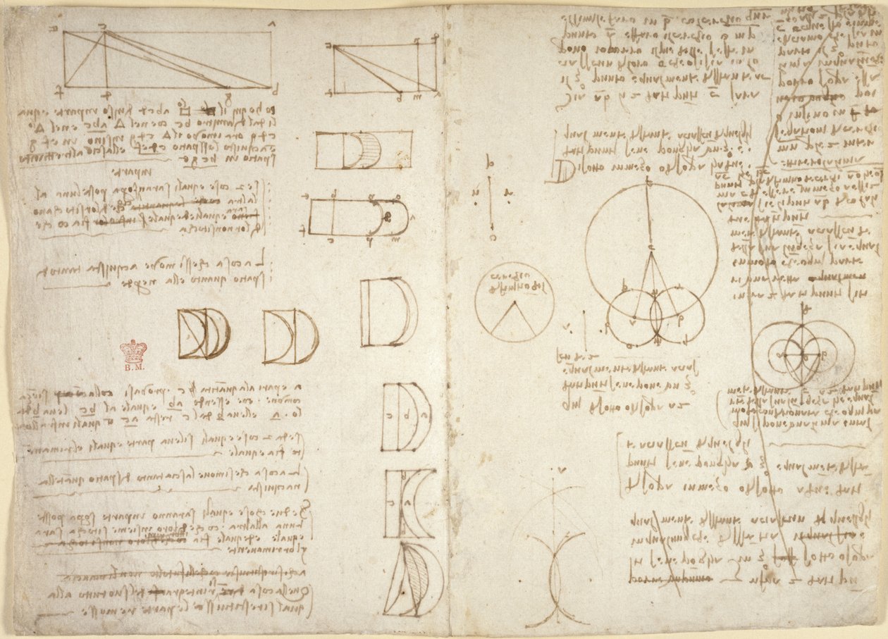 Arundel 263, f.222v, f.219, Çeşitli aritmetik ve geometrik önermelerle mekanik güçler ve kuvvetler, vurmalı çalgı, yerçekimi, hareket, optik ve astronomi üzerine çizimler (kağıt üzerinde kalem ve mürekkep) by Leonardo da Vinci