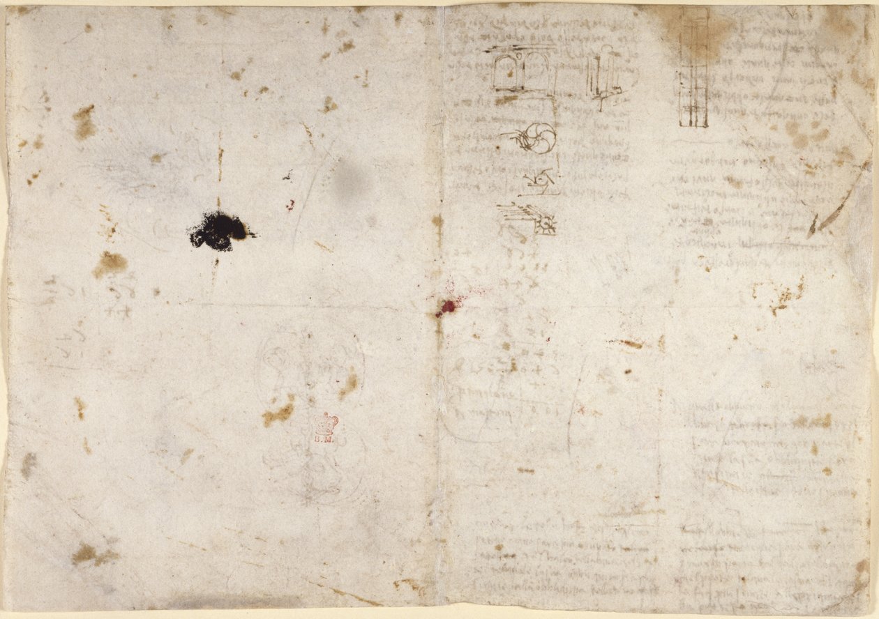 Arundel 263, f.225v, f.230 Çeşitli aritmetik ve geometrik önermelerle mekanik güçler ve kuvvetler, vurmalı çalgılar, yerçekimi, hareket, optik ve astronomi üzerine çizimler (kağıt üzerinde kalem ve mürekkep) by Leonardo da Vinci
