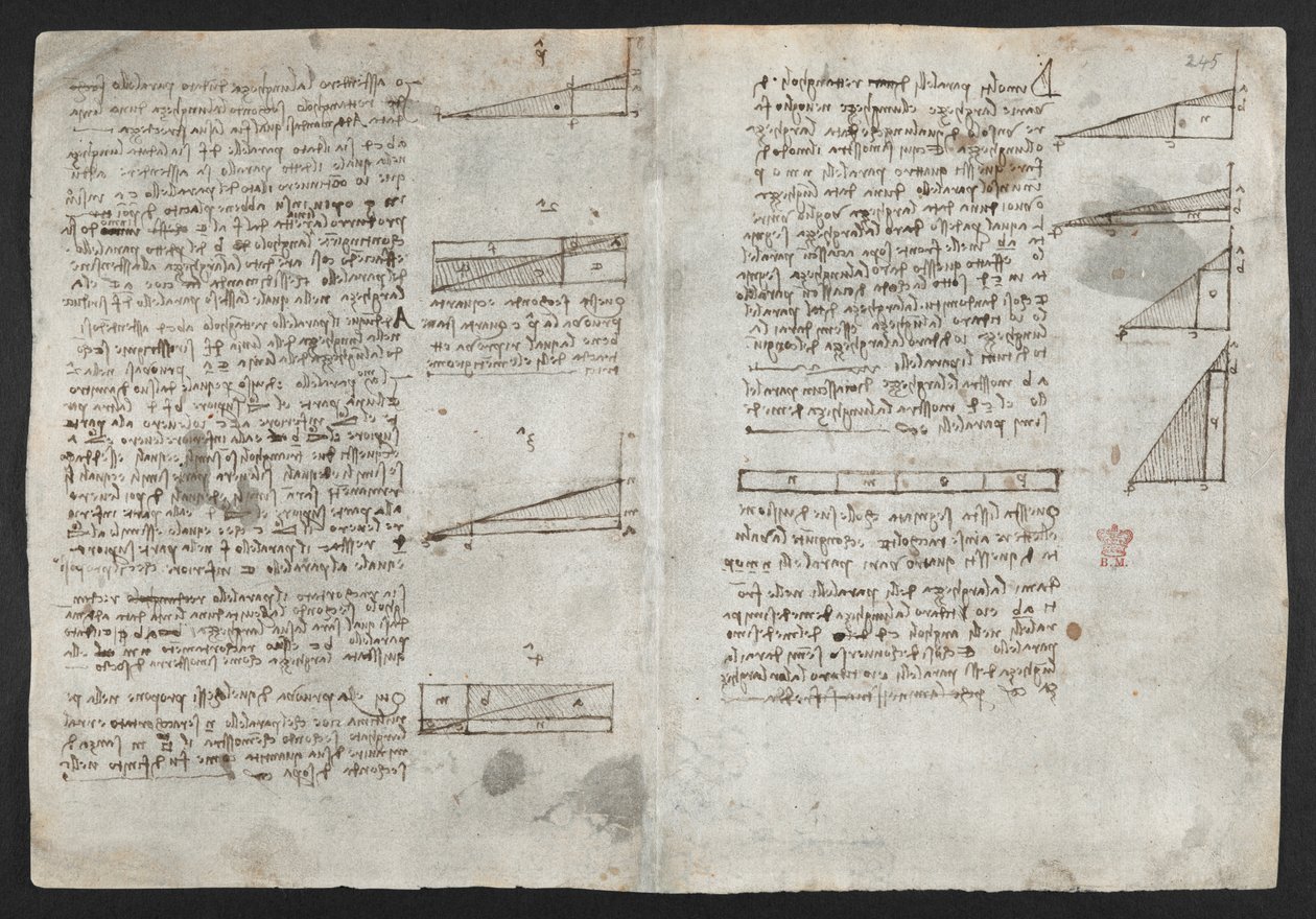 Arundel 263, f.246v Çeşitli aritmetik ve geometrik önermelerle mekanik güçler ve kuvvetler, perküsyon, yerçekimi, hareket, optik ve astronomi üzerine çizimler, Leonardo