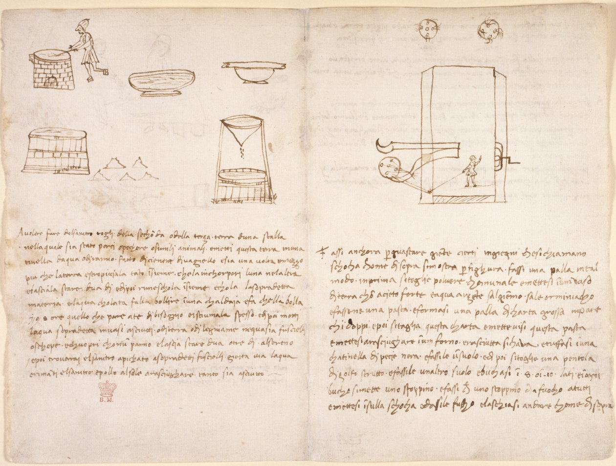 Arundel 263, f.259v, f.260 Barut hazırlamak için güherçile üretme sürecine ilişkin notlar ve kaba taslaklar (Leonardo