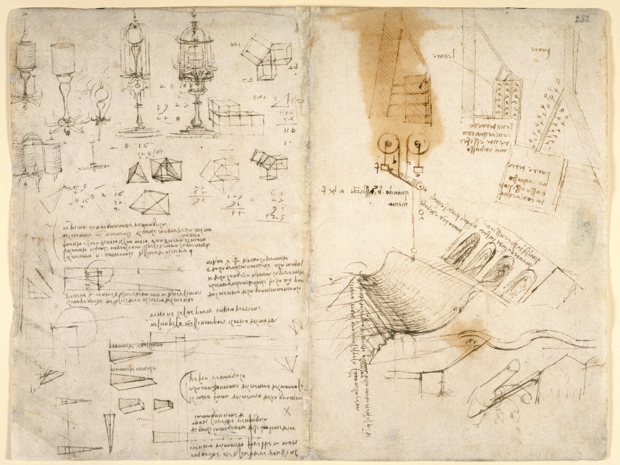Arundel 263, f.283v, f.282 Menteşeli lambaların çizimleri; mekanik üzerine notlar; Matematiksel hesaplamalar; geometrik eskizler (kağıt üzerine kalem ve mürekkep) by Leonardo da Vinci