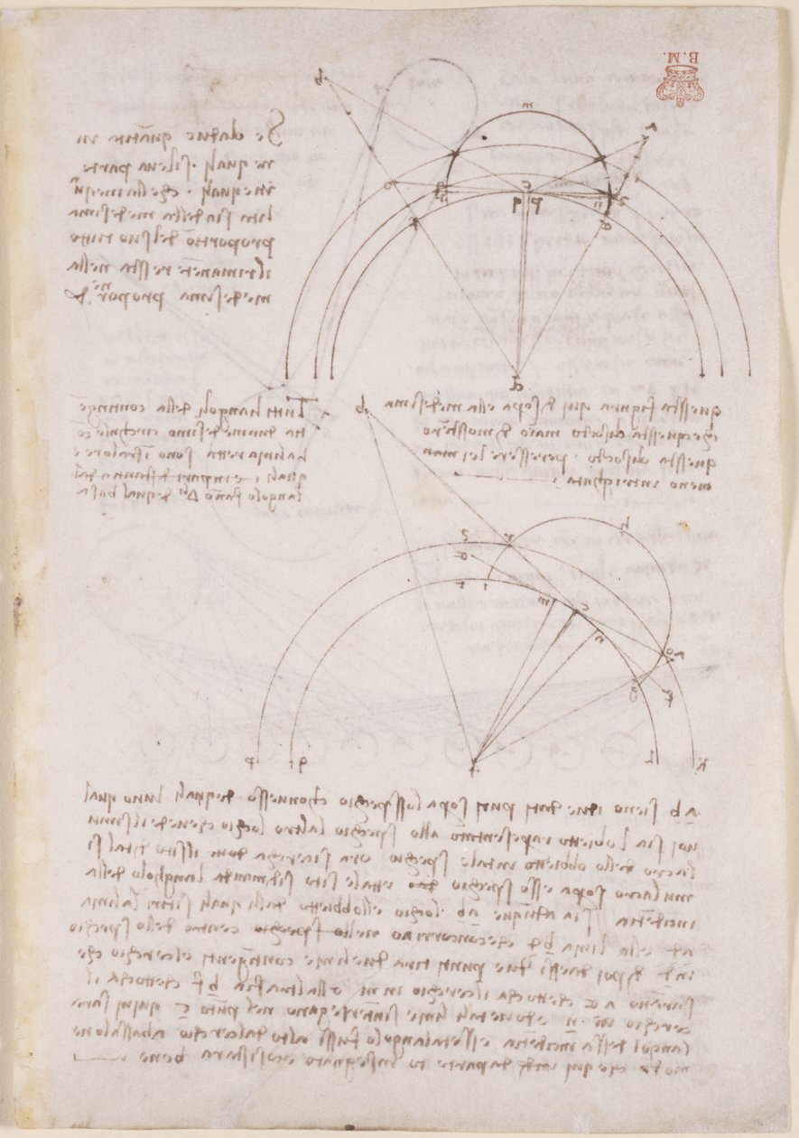 Arundel 263, f.28 Alhazen problemine atıfta bulunan optik üzerine notlar ve geometrik diyagramlar by Leonardo da Vinci