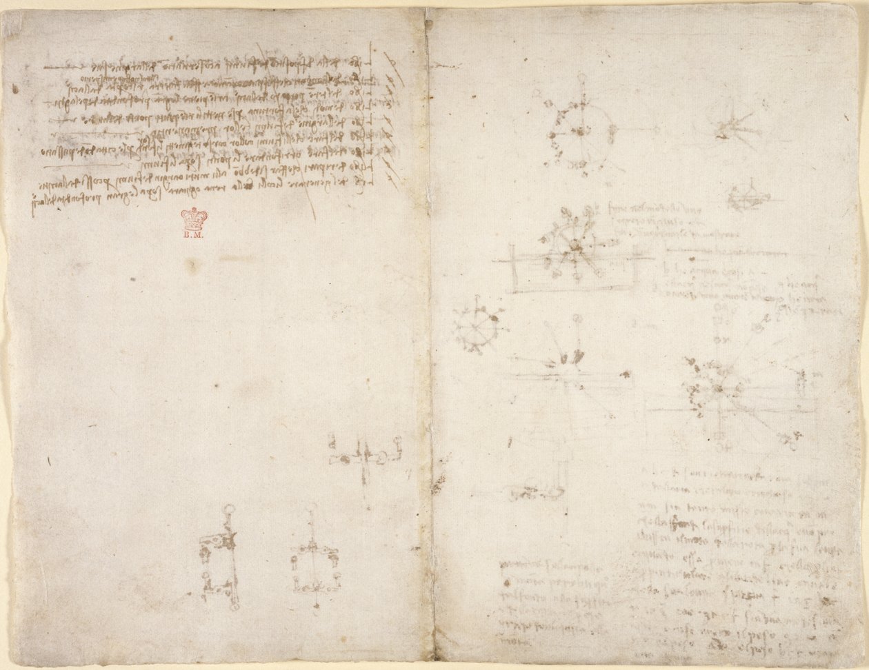 Arundel 263, f.35v, f.34 Çeşitli aritmetik ve geometrik önermelerle birlikte mekanik güçler ve kuvvetler, vurma, yerçekimi, hareket, optik ve astronomi üzerine çizimler. by Leonardo da Vinci
