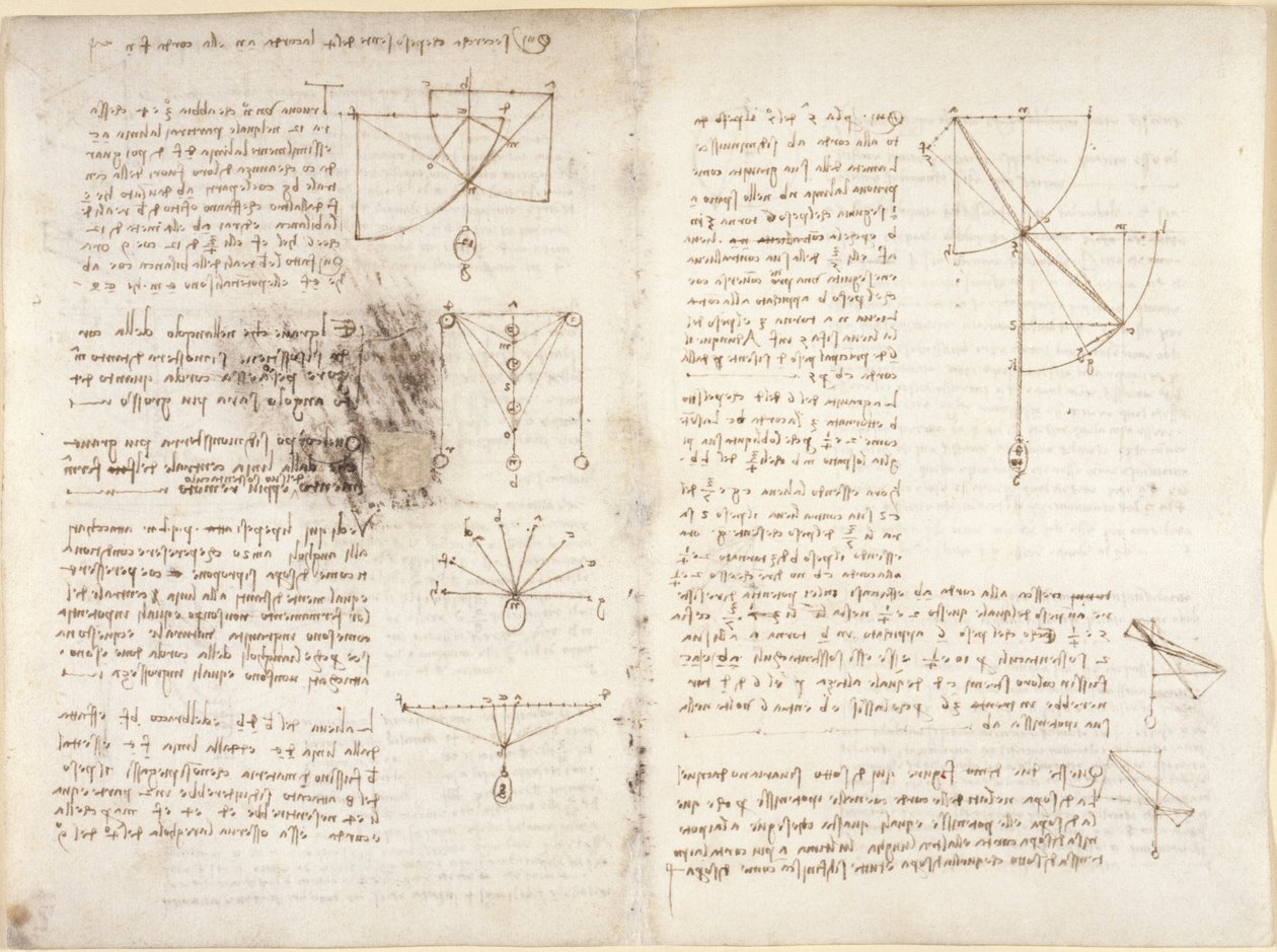 Arundel 263, f.3v, f.12 Mekanik üzerine notlar ve diyagramlar by Leonardo da Vinci